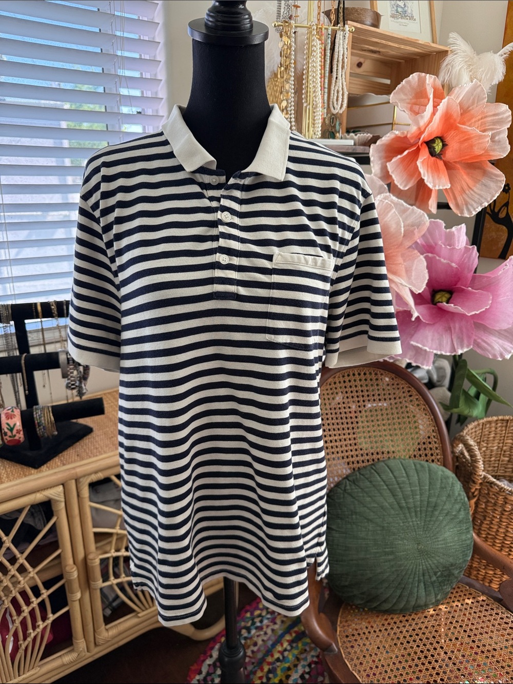 J Crew Men’s Navy & White Stripe Short Sleeve Preppy Nantucket Summer Polo Shirt
